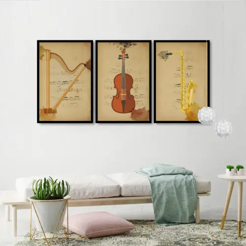 kit 3 quadro decorativo instrumentos musicais guitarra violão violino sala decor casa com molduras