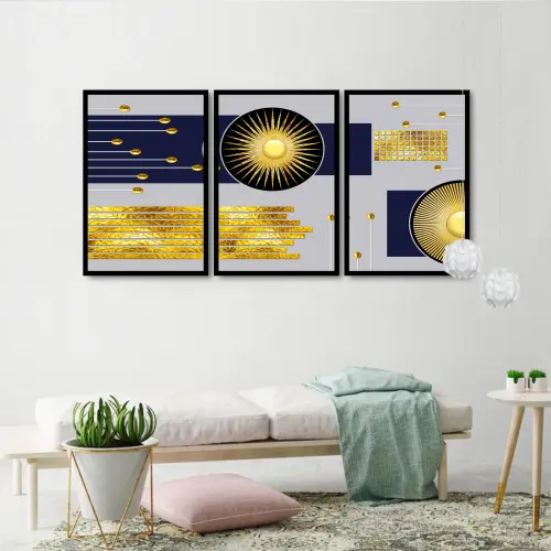 kit 3 quadro decorativo abstrato dourado cinza gold ouro minimalista sala decor casa luxo com molduras