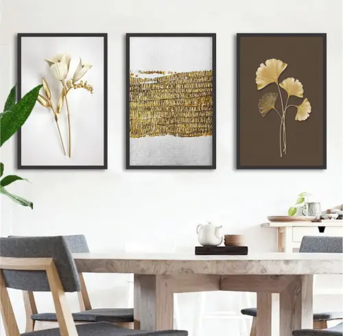 kit 3 quadro decorativo abstrato dourado cinza gold flores ouro minimalista sala decor casa luxo com molduras