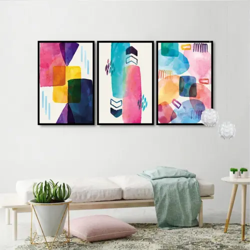 kit 3 quadros decorativos abstrato geométrico colorido azulado trio minimalista com molduras