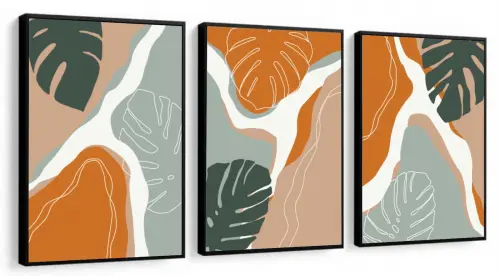kit 3 quadro decorativo abstrato laranja gold folhas monstera luxo decor sala escritório com molduras