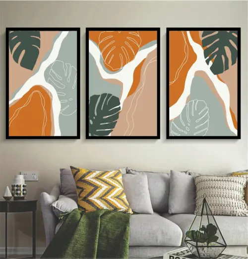 kit 3 quadro decorativo abstrato laranja gold folhas monstera lux