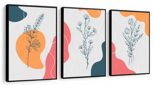 kit 3 quadros decorativos abstrato geométrico colorido trio minimalista com molduras