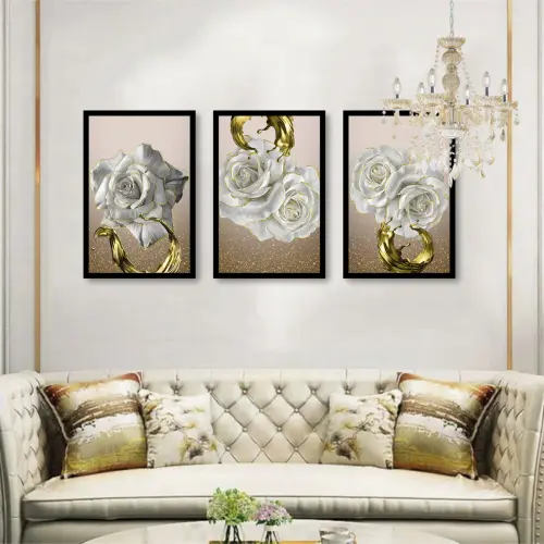 Quadro Decorativo Flores brancas douradas Sala com Moldura