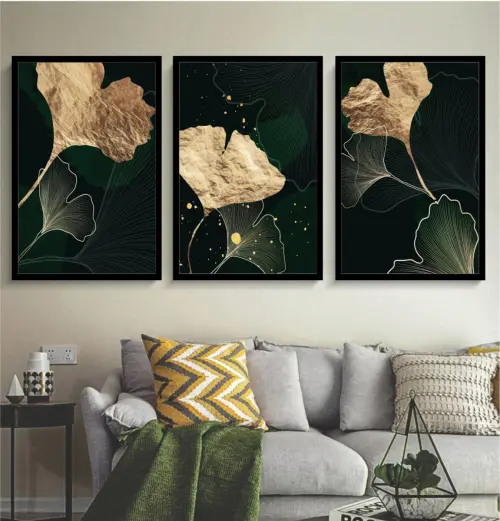 kit 3 quadro decorativo  folhas douradas folhagem dourada galhos 