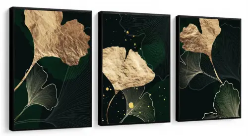 kit 3 quadro decorativo  folhas douradas folhagem dourada galhos luxo decor sala escritório com molduras