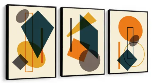 kit 3 quadro decorativo abstrato laranja gold  desenhos luxo decor sala escritório com molduras