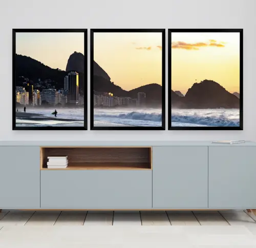 kit 3 quadro decorativo rio de janeiro praia por do sol  quarto sala hall de entrada carioca com molduras