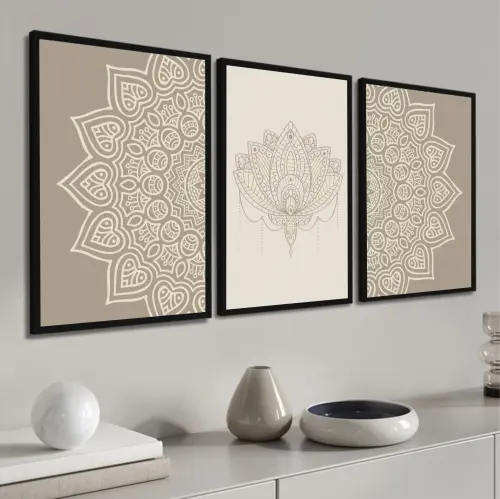 Quadros Decorativos mandalas Abstrato bege desenhos minimalista Boho Chic com Molduras