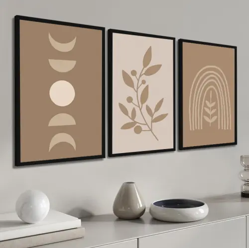 kit 3 quadro decorativo abstrato marrom bege claro gold listras claro minimalista  sala decor hall da casa com molduras