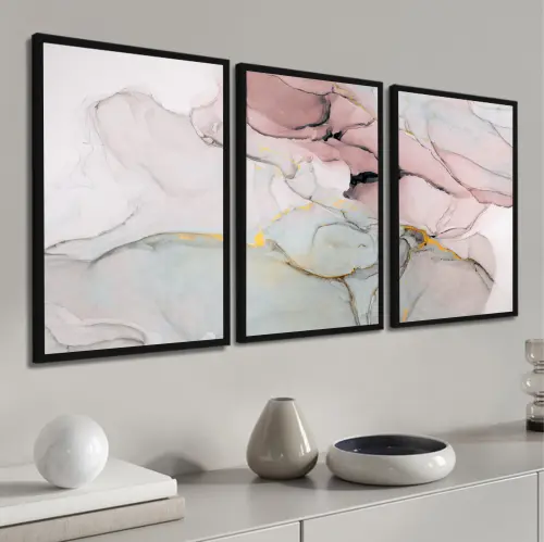 kit 3 quadro decorativo abstrato rosa minimalista gold luxo decor sala escritório com molduras