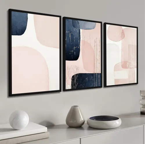 kit 3 quadro decorativo abstrato rosa minimalista gold luxo decor sala escritório com molduras
