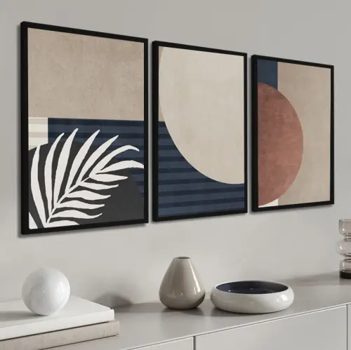 kit 3 quadro decorativo abstrato cinza gold tons pastéis minimalista sala decor casa luxo com molduras