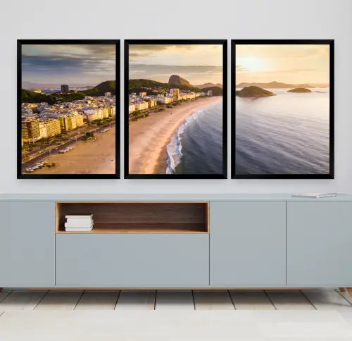 kit 3 quadro decorativo rio de janeiro praia por do sol  quarto sala hall de entrada carioca com molduras