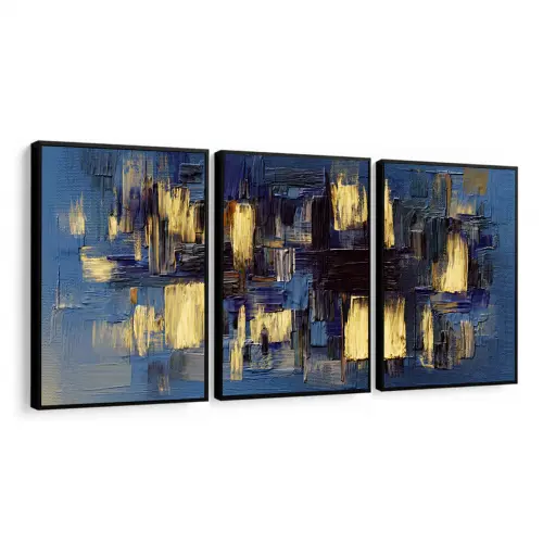 kit 3 quadro decorativo abstrato azul dourado gold luxo decor sal