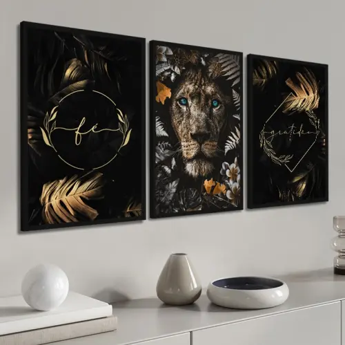 kit 3 quadro decorativo leão deus leão de juda fé gratidão com molduras
