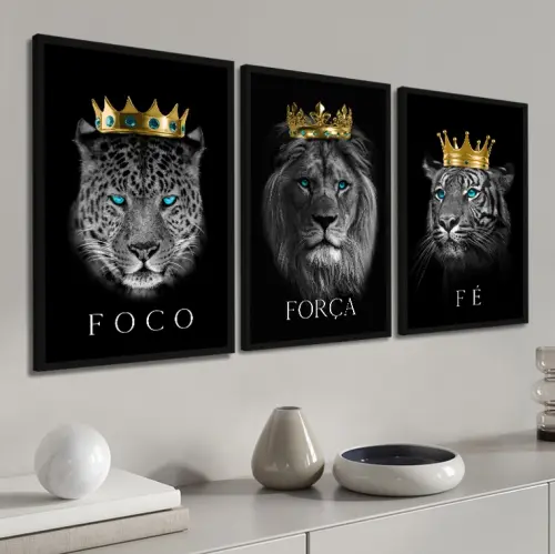 kit 3 quadro decorativo motivacional foco força fé leão tigre rei poder com molduras
