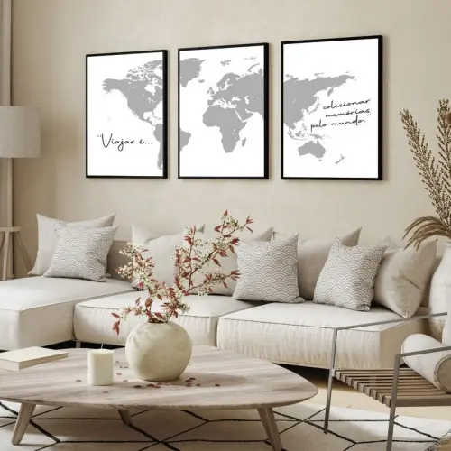 kit 3 quadro decorativo mapa mundi países preto e branco decor casa escritório quarto luxo com molduras