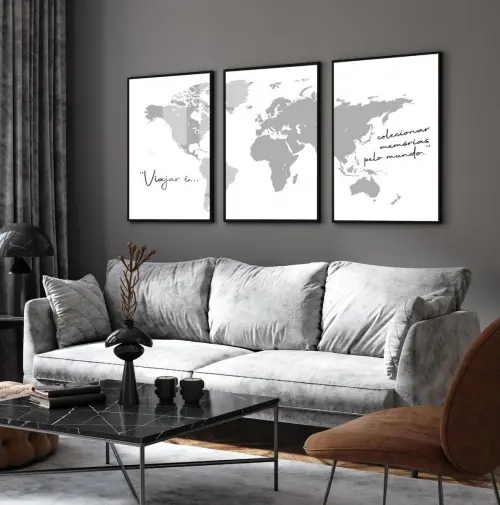 kit 3 quadro decorativo mapa mundi países preto e branco decor c