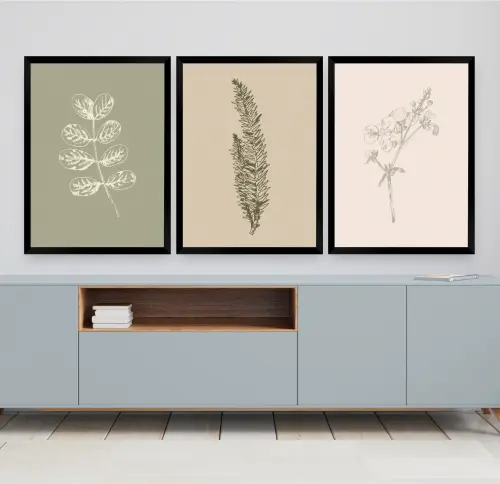 Quadros Decorativos Abstrato desenhos Boho Chic bege folhas com Molduras