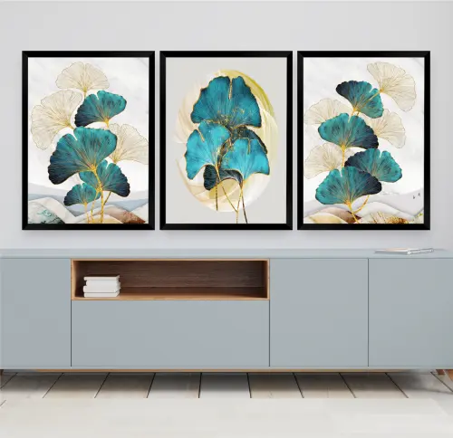 Kit 3 Quadro Decorativo abstrato Folhas Galhos Azulados sala quarto casa com molduras