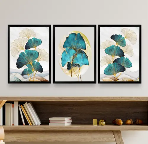 Kit 3 Quadro Decorativo abstrato Folhas Galhos Azulados sala quar