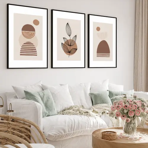 kit 3 quadro decorativo abstrato marrom bege claro gold listras claro minimalista  sala decor hall da casa com molduras
