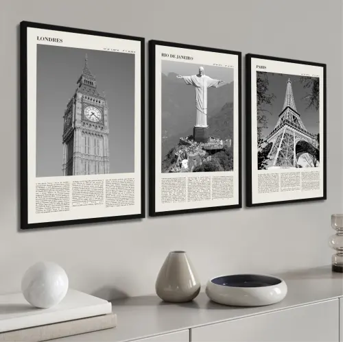 Quadro Decorativo londres rio de janeiro paris torre eiffel Sala quarto com Moldura
