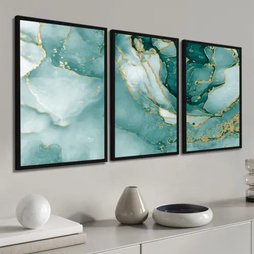 kit 3 quadro decorativo abstrato verde mámore dourado gold luxo sala quarto decor pousada casa com molduras