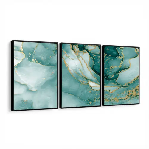 kit 3 quadro decorativo abstrato verde mámore dourado gold luxo 