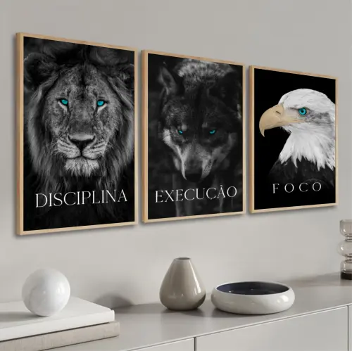 kit 3 quadro decorativo motivacional águia leão lobo empresa disciplina foco execução decor sala escritório com molduras