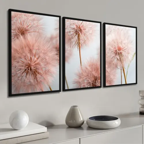 kit 3 quadro decorativo flor rosa dente de leão sala quarto decor pousada casa com molduras