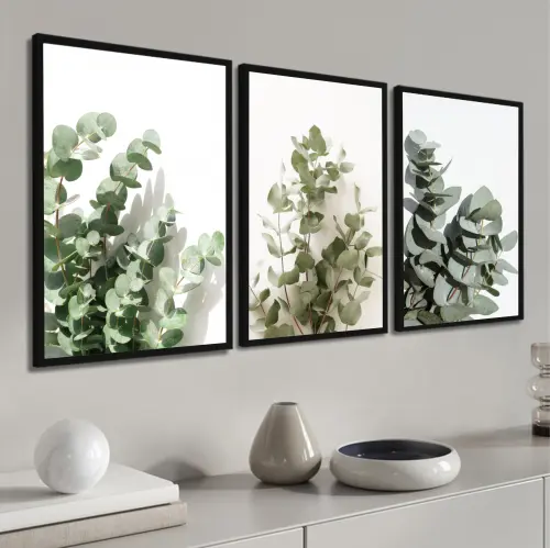 kit 3 quadro decorativo folhas verdes ramo de galhos folhagem sala quarto decor casa minimalista molduras