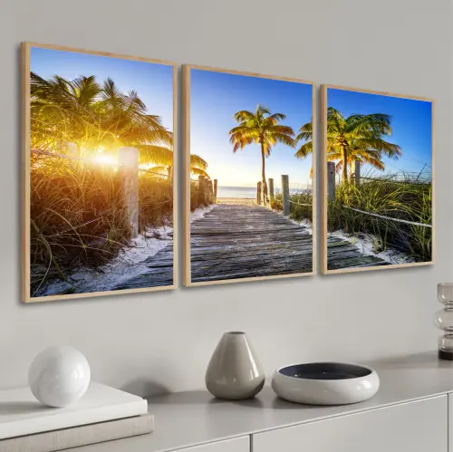 kit 3 quadro decorativo praia por do sol coqueiros quarto sala hall de entrada carioca com molduras