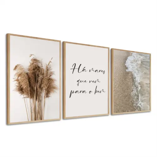 kit 3 quadro decorativo gratidão capim dos pampas galhos de trig