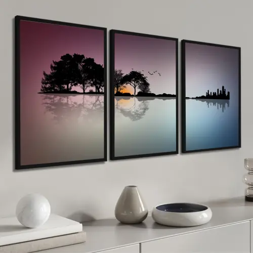 kit 3 quadro decorativo entardecer árvore natureza bosque sítio fazenda casa decor quarto sala com molduras