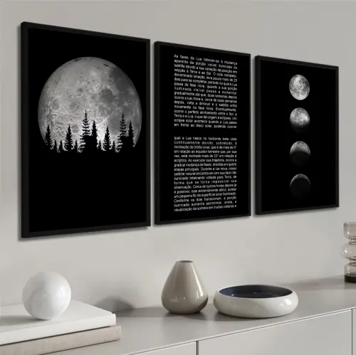kit 3 quadro decorativo lua fase da lua céu lunar fazenda casa decor quarto sala com molduras