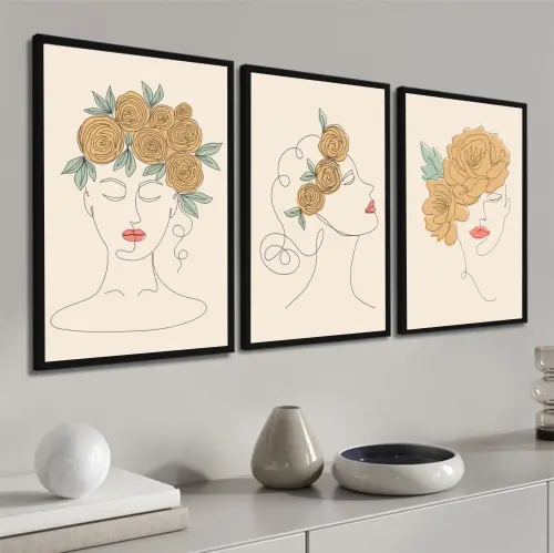 kit 3 quadro decorativo mulheres floridas flores fashion decor salão de beleza com molduras