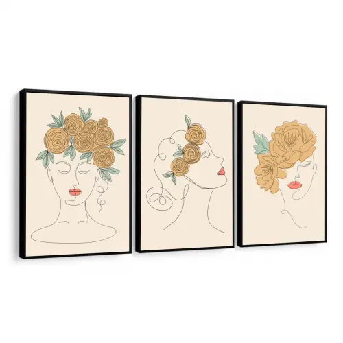kit 3 quadro decorativo mulheres floridas flores fashion decor sa