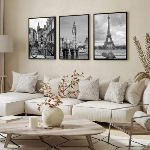 kit 3 quadro decorativo paris torre eiffel ruas de londres preto e branco com molduras