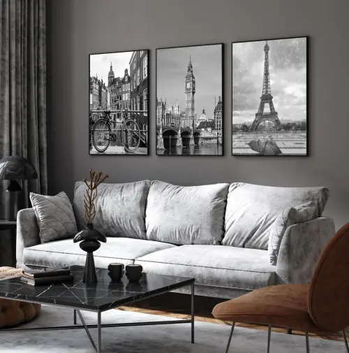 kit 3 quadro decorativo paris torre eiffel ruas de londres preto 