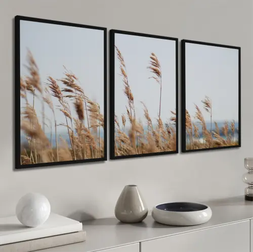 kit 3 quadro decorativo capim dos pampas galhos de trigo boho sala decor casa com molduras