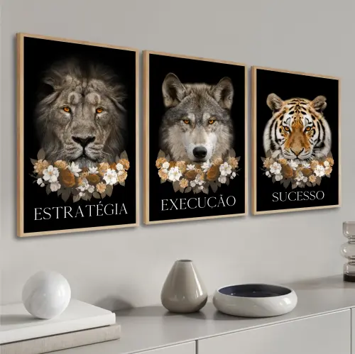 kit 3 quadro decorativo motivacional tigre leão lobo empresa disciplina foco execução decor sala escritório com molduras