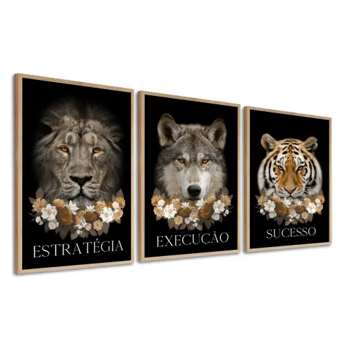 kit 3 quadro decorativo motivacional tigre leão lobo empresa dis