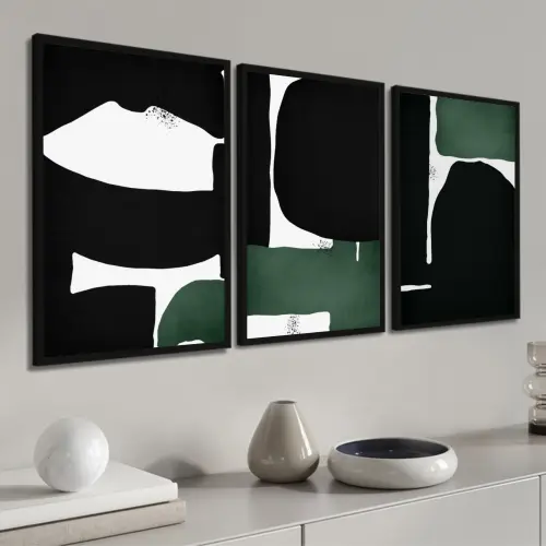 kit 3 quadro decorativo abstrato verde mámore preto  gold luxo sala quarto decor pousada casa com moldura