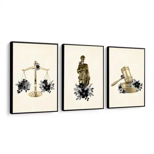 kit 3 quadro decorativo advocacia deusa da justiça direito juramento sala decor escritório de advocacia advogado casa com molduras