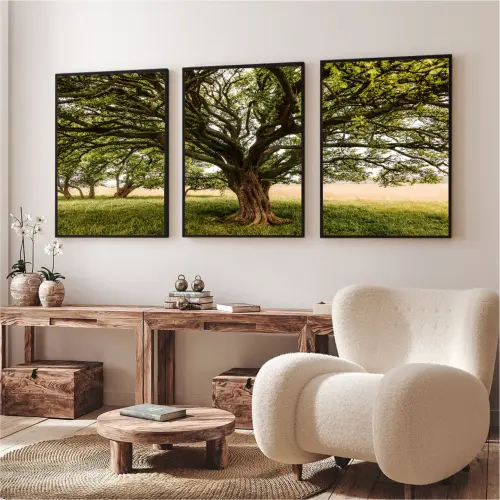 kit 3 quadro decorativo árvores verde campo natureza campo sítio fazenda casa decor quarto sala com molduras