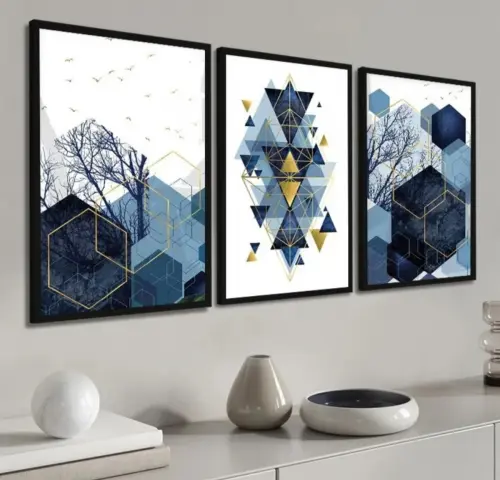 kit 3 quadro decorativo abstrato azul dourado gold luxo decor sal