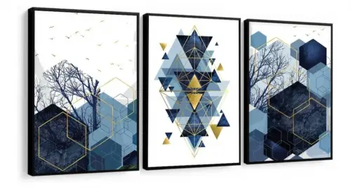 kit 3 quadro decorativo abstrato azul dourado gold luxo decor sala escritório com molduras