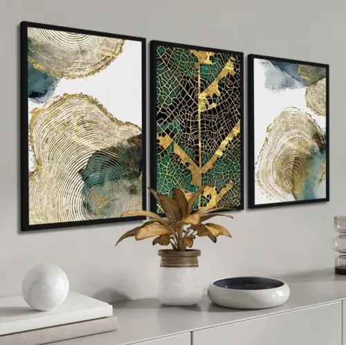 kit 3 quadro decorativo abstrato verde dourado gold sala quarto d